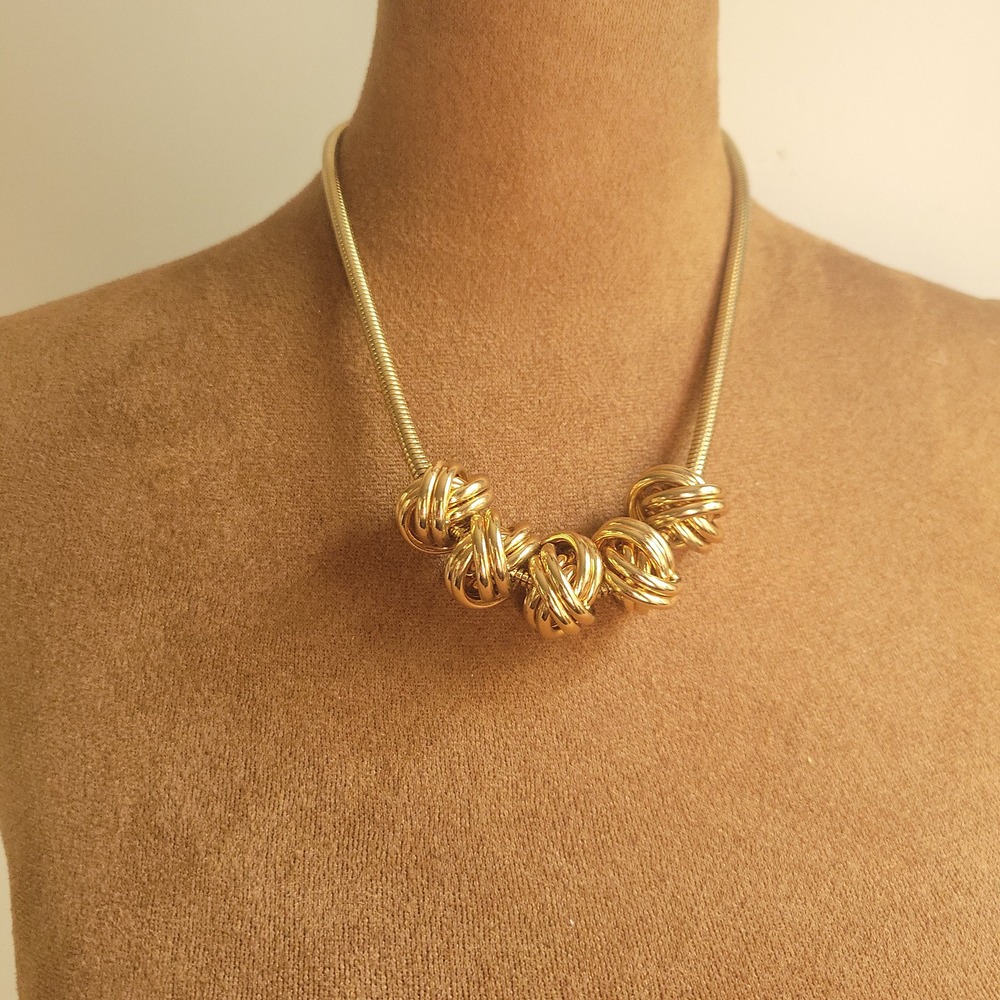 Gold‎ Tone Love Knot Snake Chain Statement Necklace 16-19 Inch Quiet Luxury